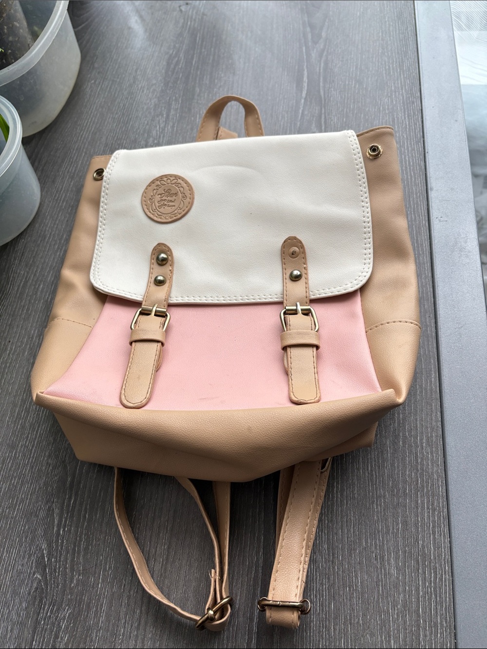 Women's Colorblock Faux Leather Backpack – Cream, Pink, Tan